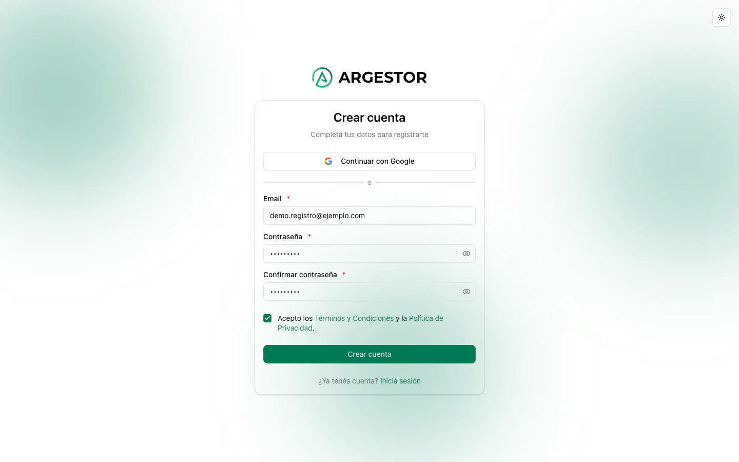 Pantalla de registro de Argestor