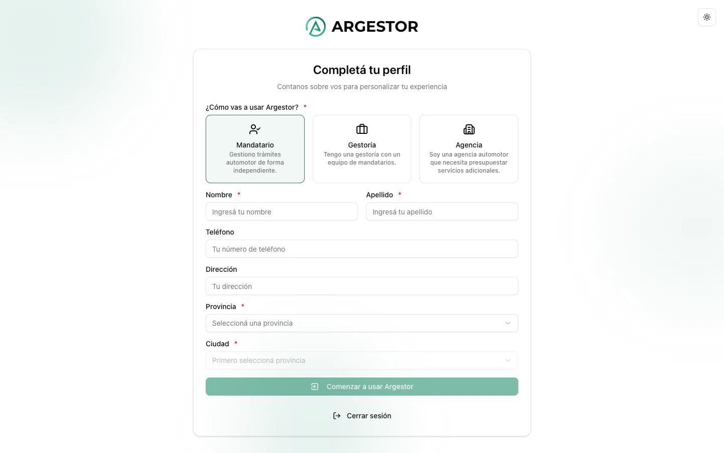 Pantalla de onboarding con selección de rol