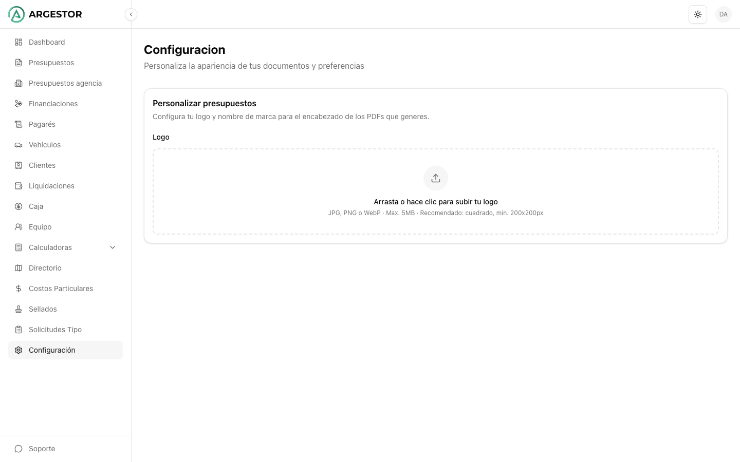 Pantalla de configuración para subir tu logo