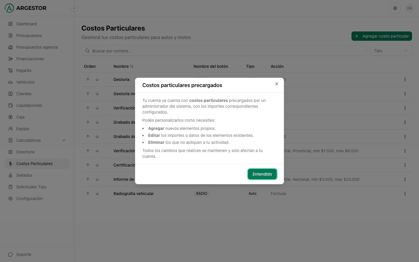Listado de costos particulares cargados