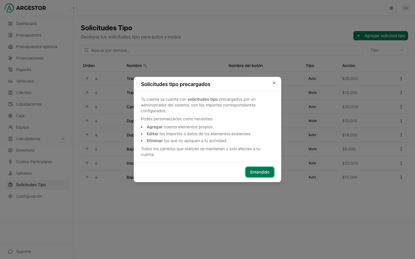 Listado de solicitudes tipo creadas