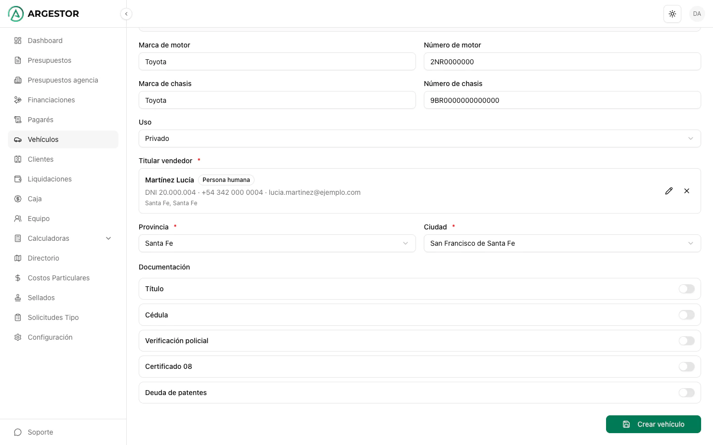 Titular vendedor, motor, chasis y checklist de documentación del vehículo