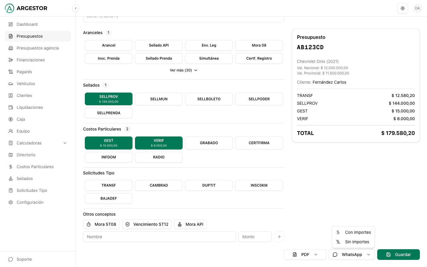 Opciones para compartir por WhatsApp con o sin importes