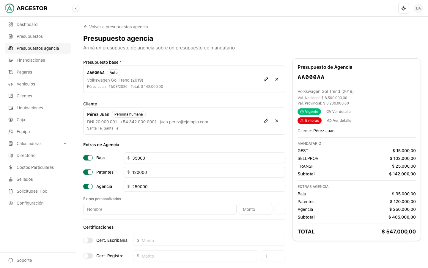 Presupuesto de agencia con extras, certificaciones y prenda