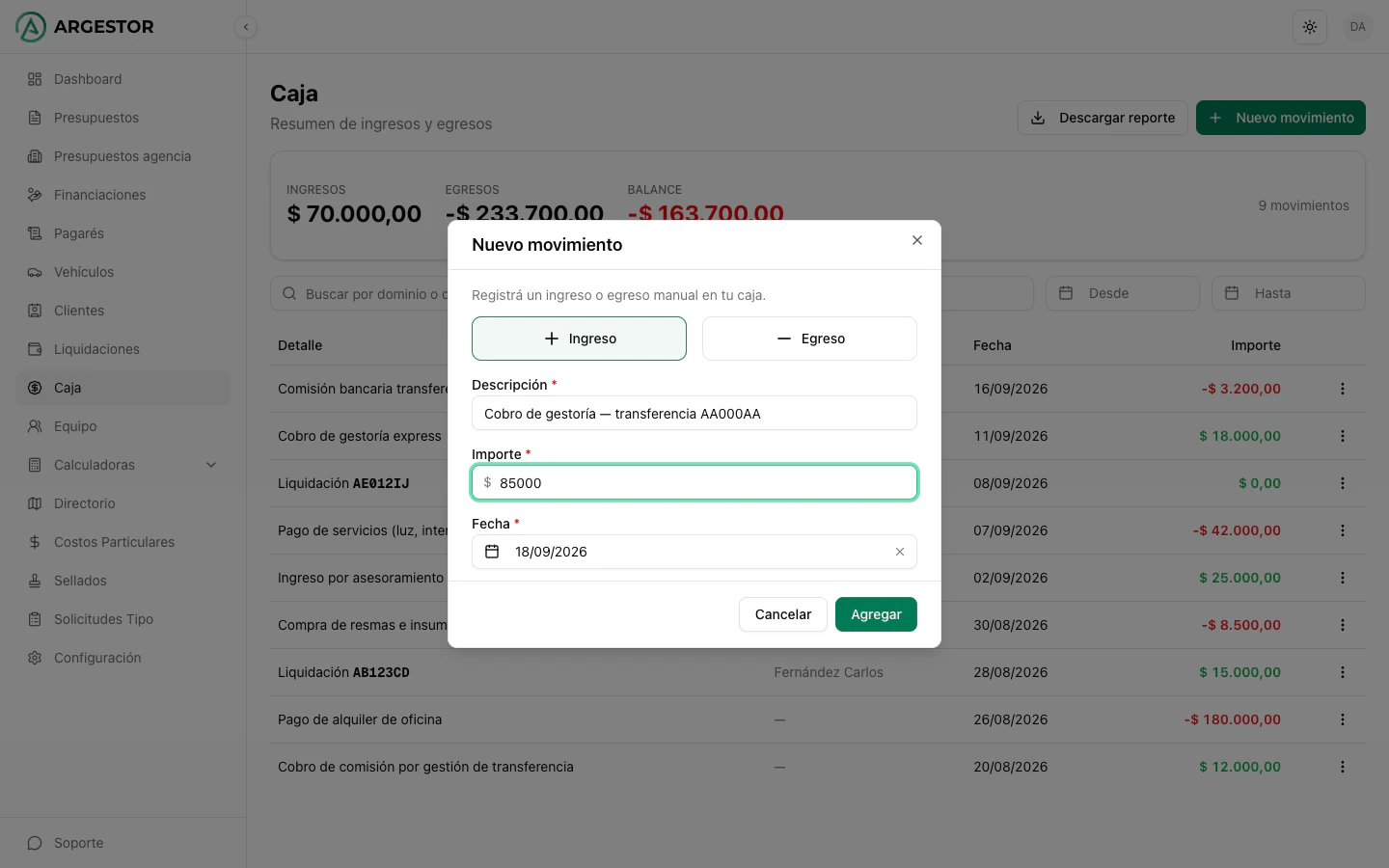 Modal para registrar un nuevo movimiento en la caja