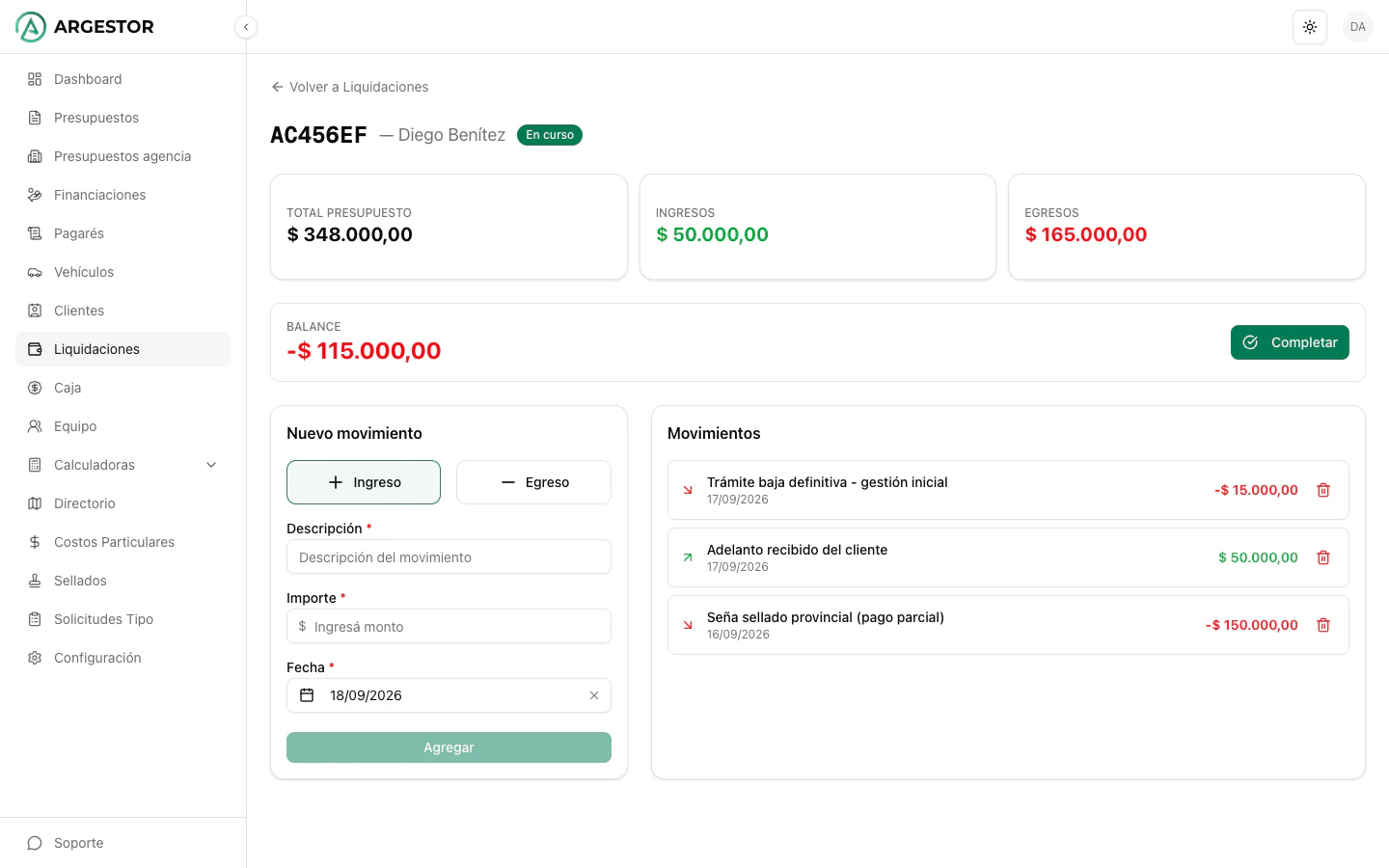 Detalle de liquidación con ingresos y egresos