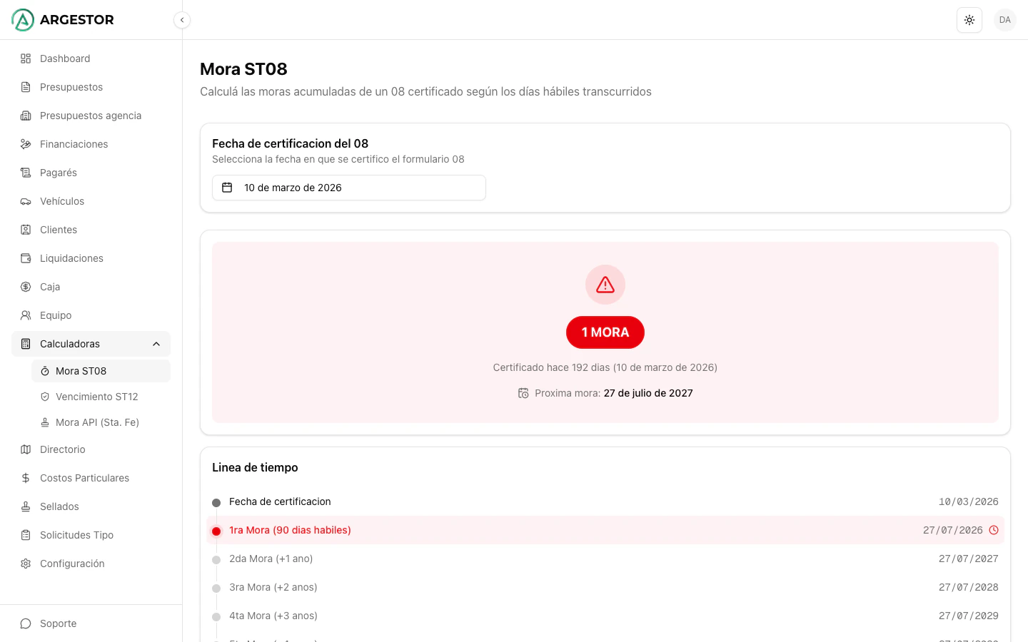 Calculadora de mora con resultado y línea de tiempo