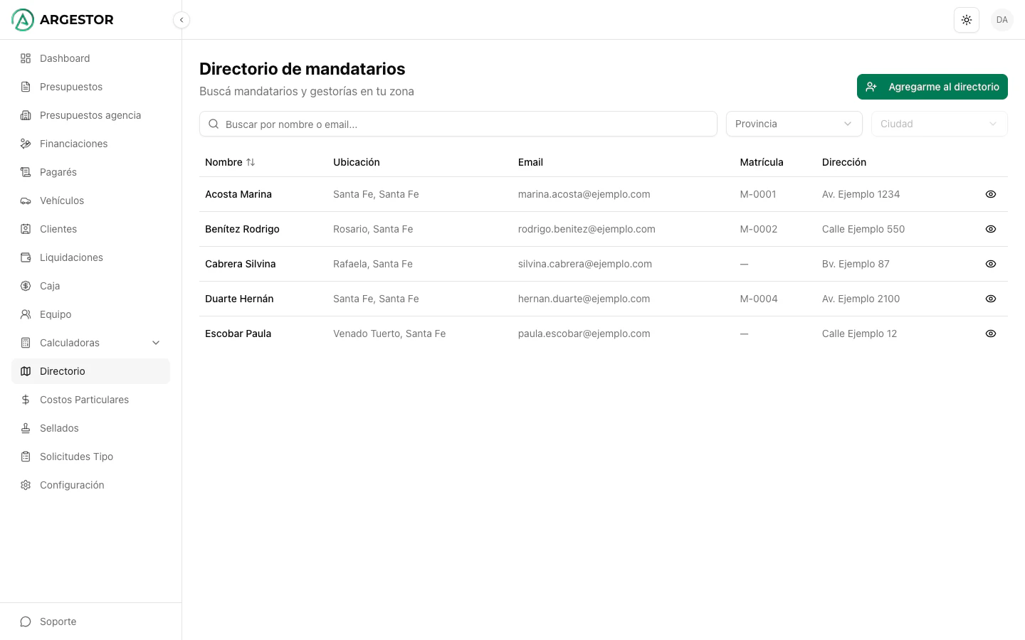 Directorio interno con filtros por provincia