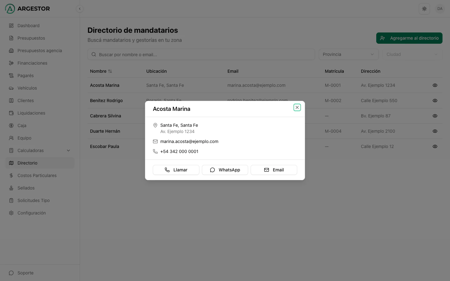 Ficha de un mandatario con datos de contacto