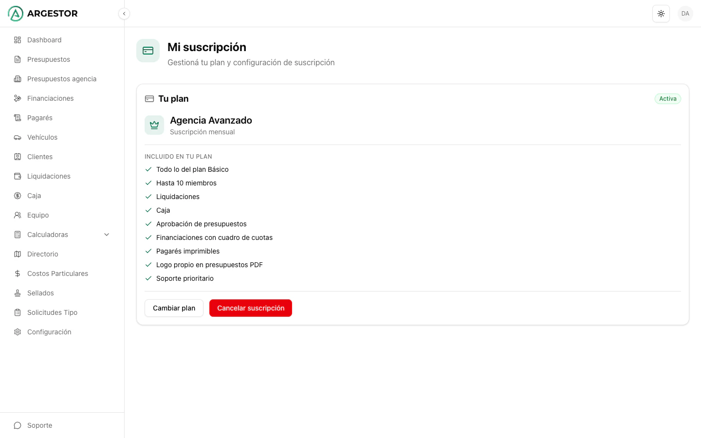 Detalle de tu suscripción activa dentro de la app