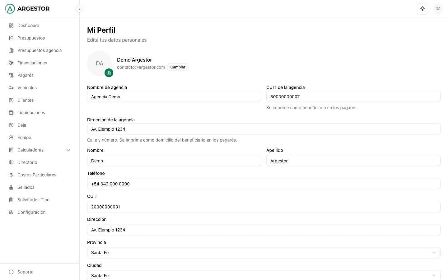 Pantalla de perfil con opciones de cuenta