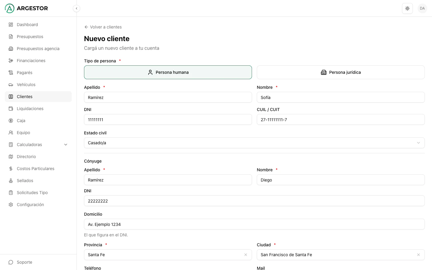 Formulario para registrar un cliente persona humana con cónyuge