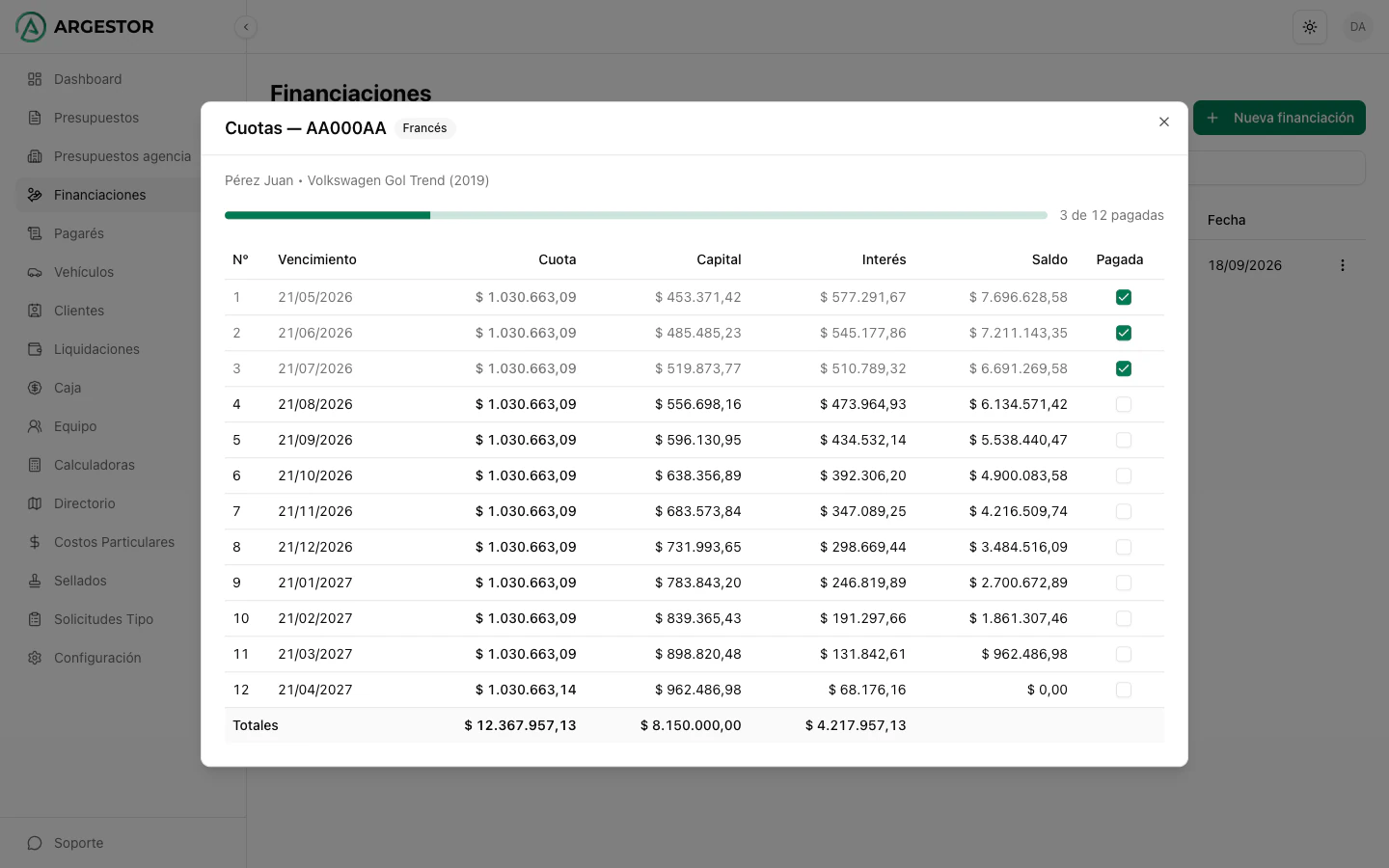 Diálogo de cuotas de una financiación con algunas ya pagadas