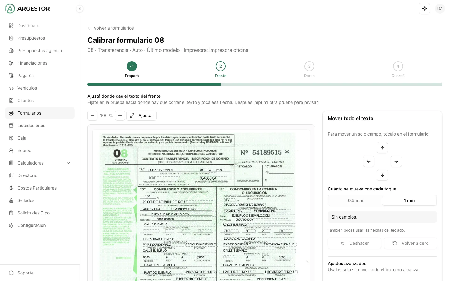 Ajuste de la calibración del frente del formulario 08