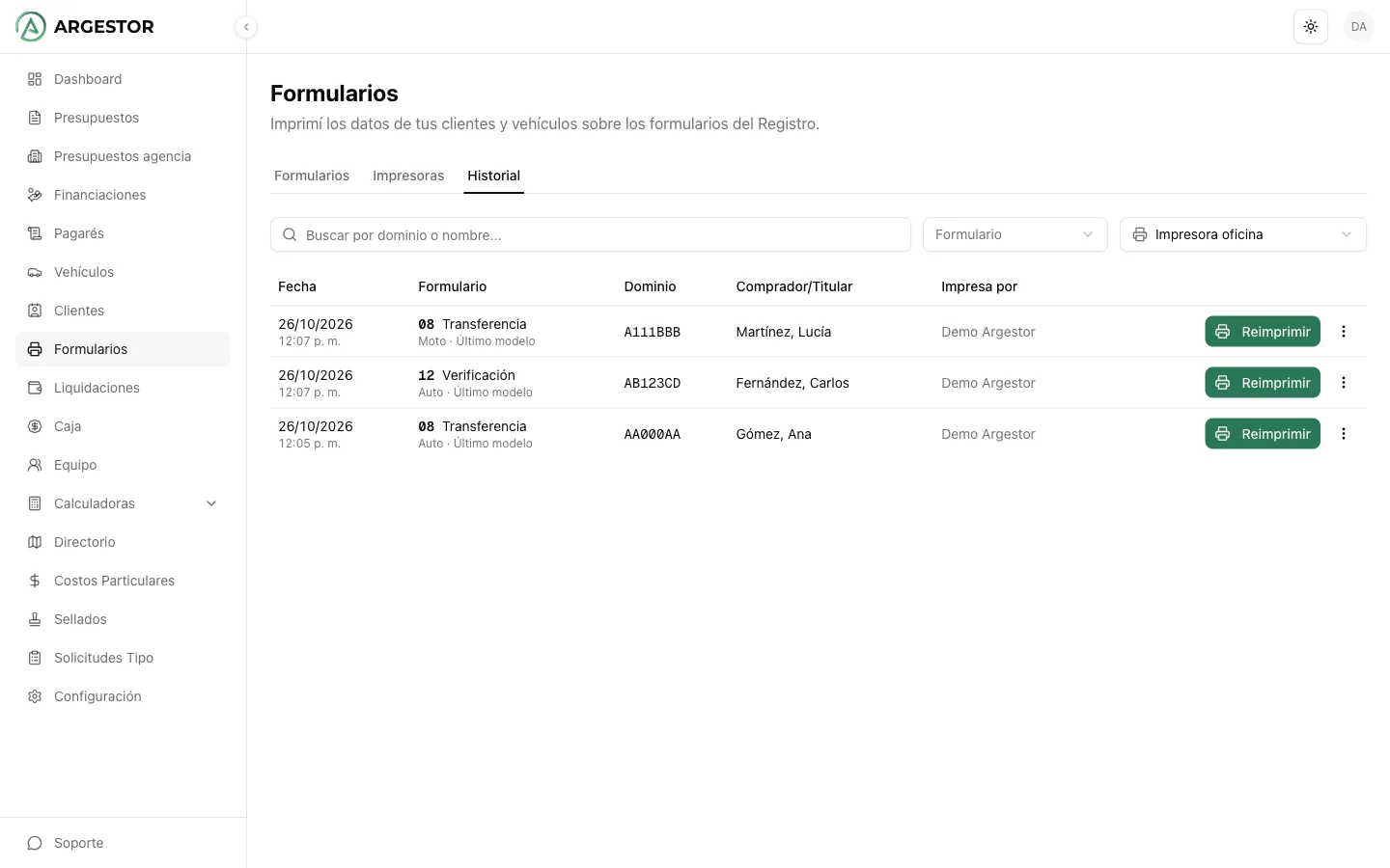 Historial de formularios impresos con la opción de reimprimir