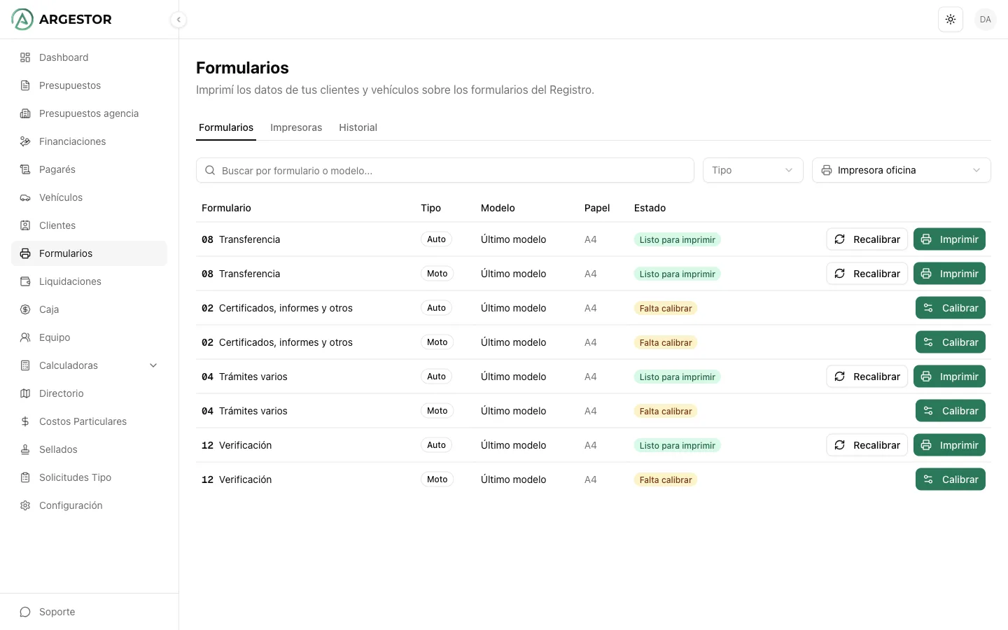 Listado de formularios listos para imprimir con una impresora calibrada