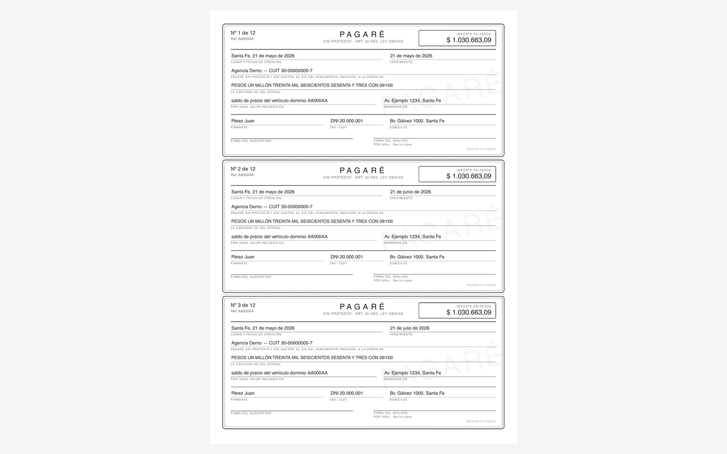 Hoja del PDF con tres pagarés listos para imprimir